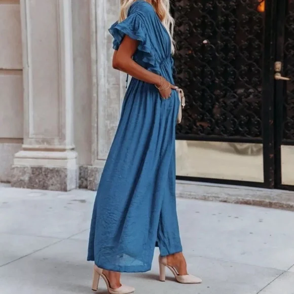 SOLD OUT Blue Gauze Boho Button Maxi Dress - Picture 3 of 9